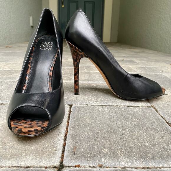 Saks Fifth Avenue Adriana Black and Leopard Print Leather High Peep Toe Heels - Picture 1 of 10